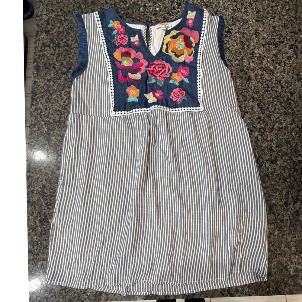 Andree by Unit Embroidered Floral Striped Sleeveless Babydoll Dress Blue White L